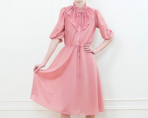 70s pink sheer ruffle puff sleeve midi dress | ma… - image 1