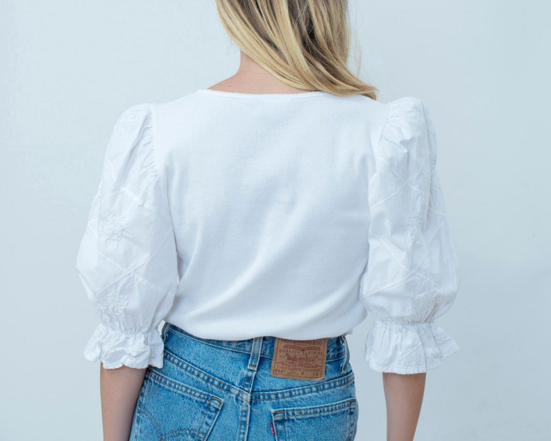 folk blouse shirt birkin romantic blouse crochet puffy puff pouf sleeves lace trachten dirndl blouse vintage white puff sleeve shirt