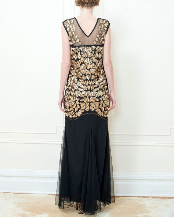 80s gold sequin evening gown | black long tulle p… - image 5