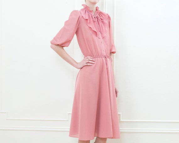 70s pink sheer ruffle puff sleeve midi dress | ma… - image 4