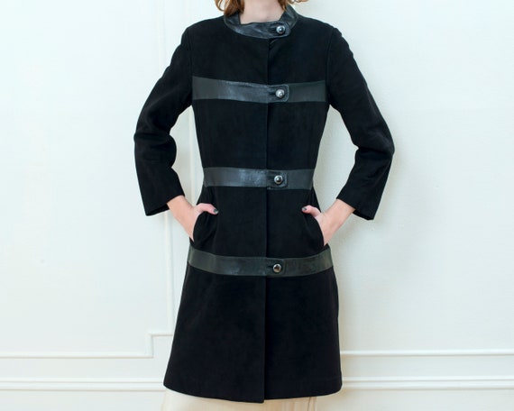 70s black suede leather mod coat | high neck tail… - image 1