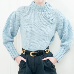 80s metallic blue puff sleeve sweater light blue mockneck bishop sleeve knit image 6