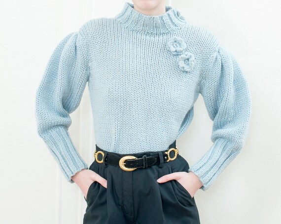 80s metallic blue puff sleeve sweater | light blu… - image 6
