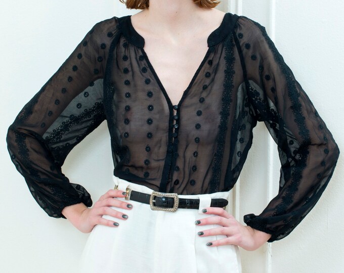 90s Vintage Black Sheer Embroidered Blouse Etsy