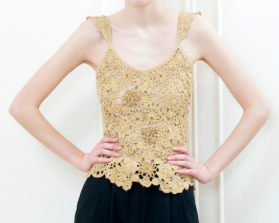 90s gold crochet knit blouse | metallic crochet ev
