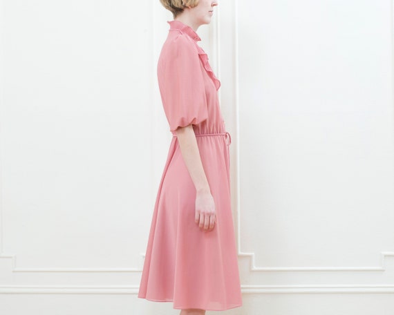 70s pink sheer ruffle puff sleeve midi dress | ma… - image 5