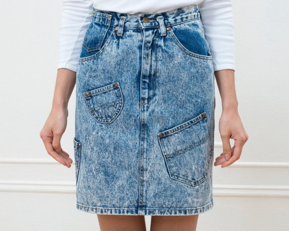 80s acid wash blue denim mini skirt | 25 waist jea