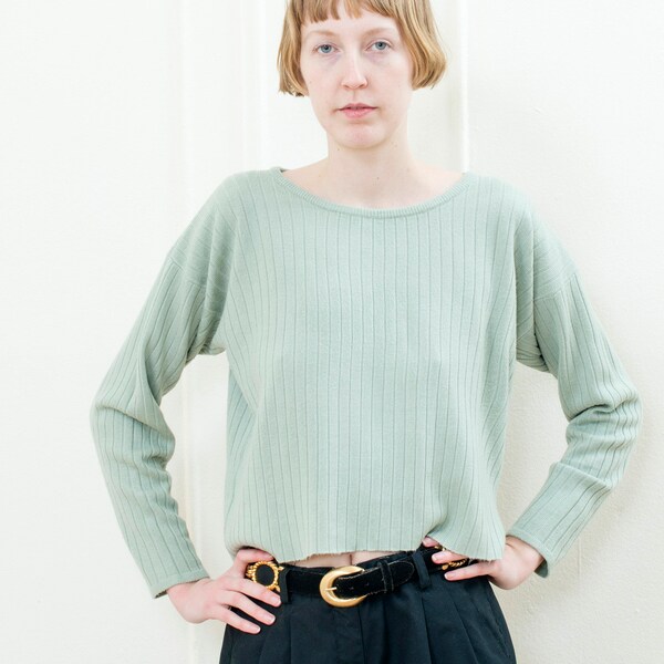 90s mint green cropped sweater xs | express tricot light green rib knit pull over