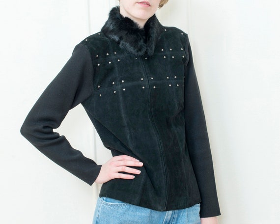 90s black suede knit jacket with rabbit fur colla… - image 2