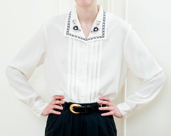 80s white beaded collar trachten blouse | floral e