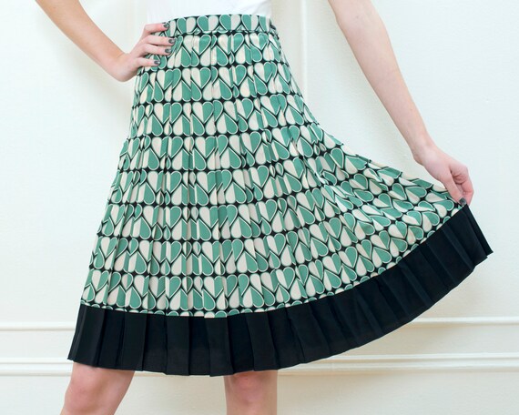 vintage anna sui green silk printed pleated skirt