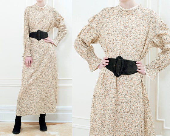 70s beige floral puff sleeve peasant maxi dress |