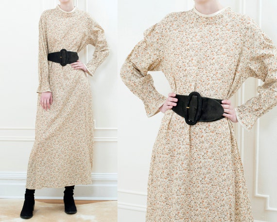 70s beige floral puff sleeve peasant maxi dress |… - image 1