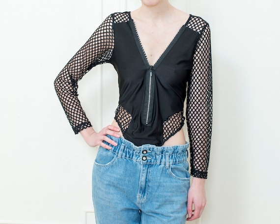 90s black fishnet crystal leotard | small zip up … - image 1