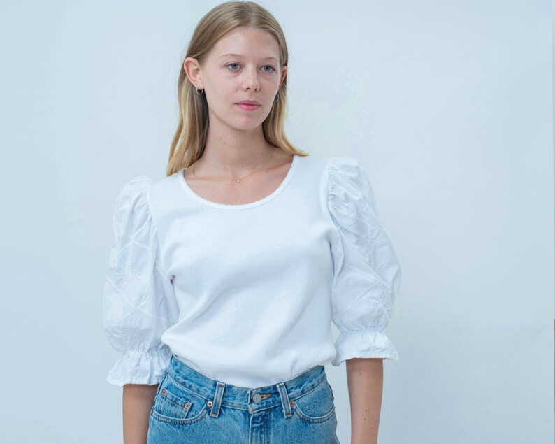 folk blouse shirt birkin romantic blouse crochet puffy puff pouf sleeves lace trachten dirndl blouse vintage white puff sleeve shirt