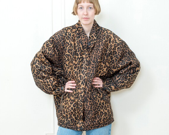 80s leopard print silk puffer jacket | oversized b