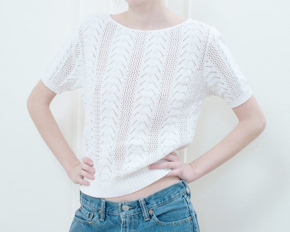 70s white cotton crochet knit top | small crochet