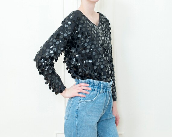80s black sequin evening blouse | oversized spark… - image 4