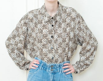 80s brown animal print blouse | oversized geometric print shirt