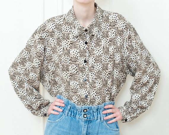 80s brown animal print blouse | oversized geometri