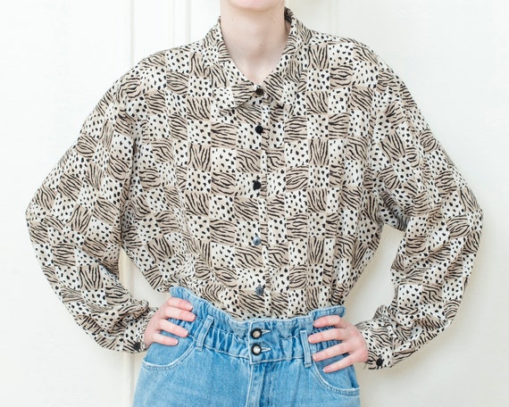 80s brown animal print blouse | oversized geometr… - image 1