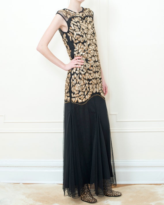 80s gold sequin evening gown | black long tulle p… - image 3