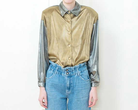 80s gold silver metallic blouse | dramatic shiny d