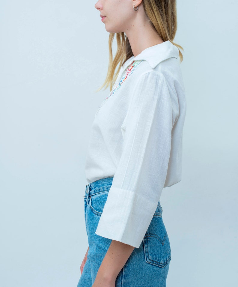 bohemian blouse boho woodstock birkin 60s white hippie blouse medium sailor collar shirt embroidered rainbow flower pattern blouse