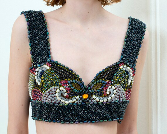 80s black beaded bustier crop top | pearl encruste