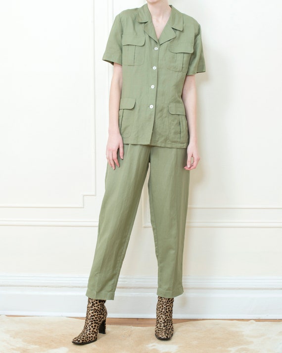 90s sage green safari pant suit | medium 2 piece … - image 3