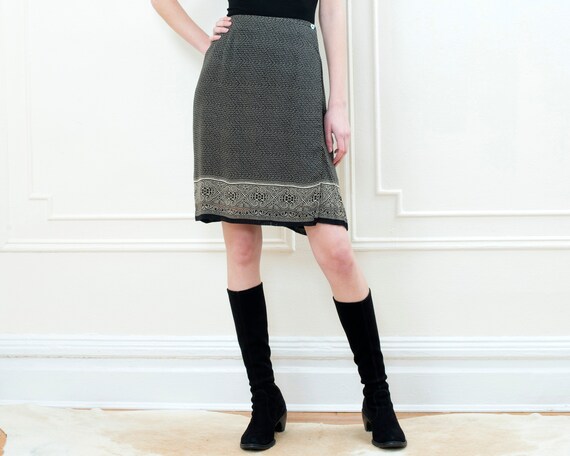 90s black printed wrap skirt | 29 waist wrap aroun