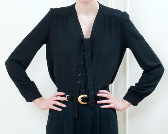 80s black crystal rhinestone blouse | neck tie bo… - image 6