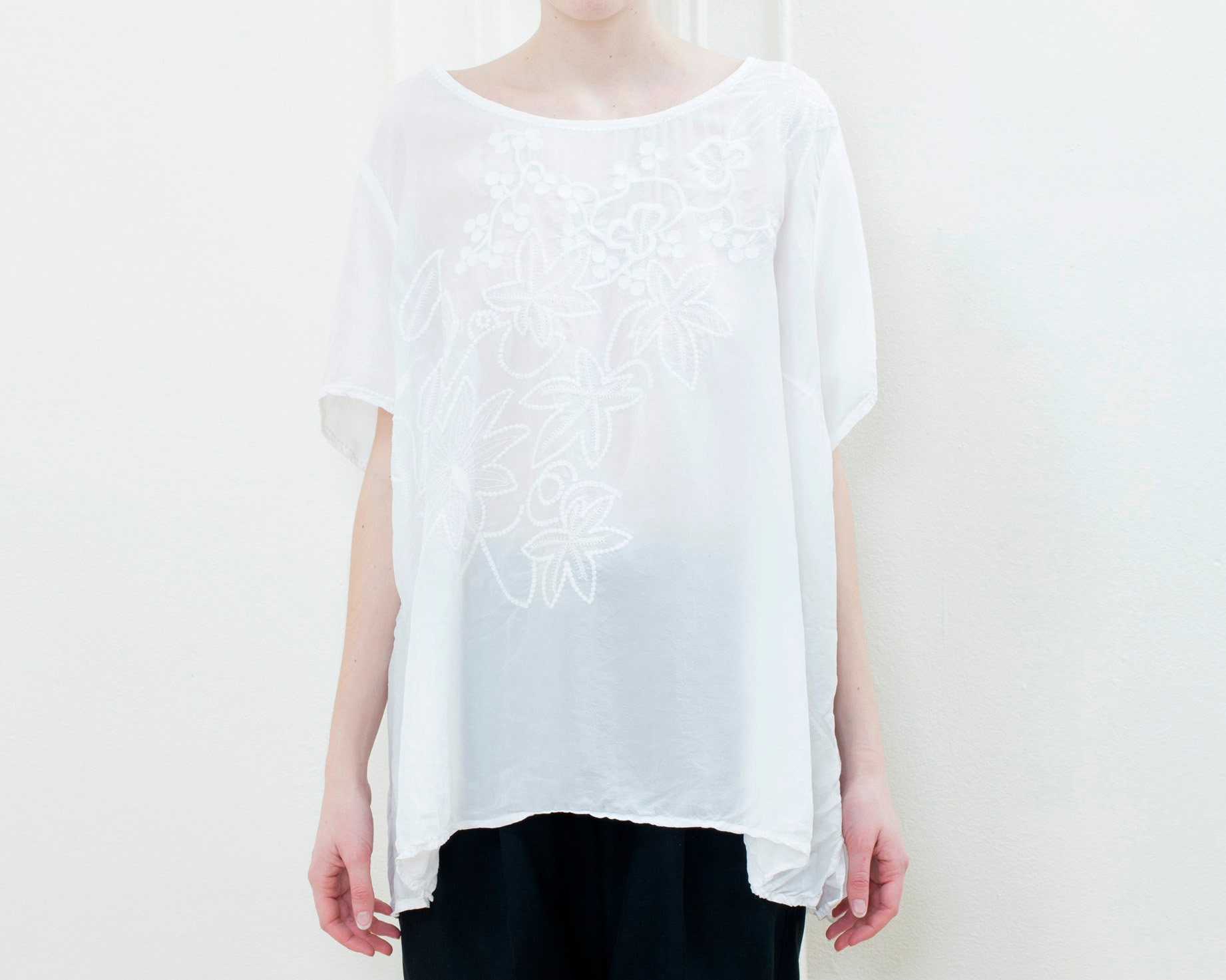 90er Jahre weiße tropische floral bestickte Bluse Oversized | Etsy