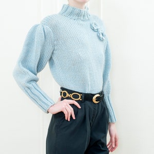 80s metallic blue puff sleeve sweater light blue mockneck bishop sleeve knit image 2