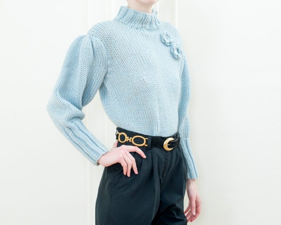 80s metallic blue puff sleeve sweater | light blu… - image 2