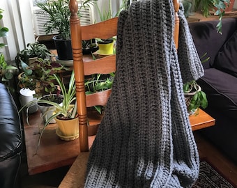 Steel Gray  Hand- Made Crocheted Afghan Throw Blanket