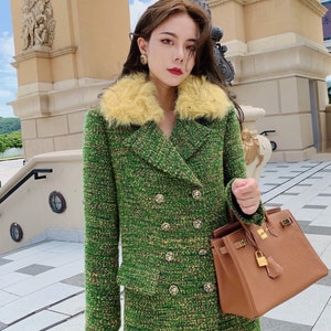 Italian Tweed Maxi Coat: Green & Yellow Wool, Sheep Fur Collar