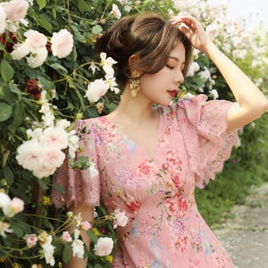 Mr. Water New York Summer Chiffon Dress, Oversized Sleeve, V Neck High Waist. Pink/Peach Color Printed Floral Women's Dress