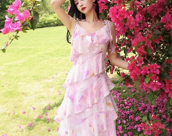 Mr. Water New York Chiffon Soft Pink Dress, Sleeveless, Adjustable Shoulder.