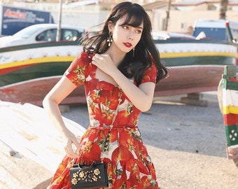 Clearance "Passionate Tomato" Flower Dress, Red Retro Dress