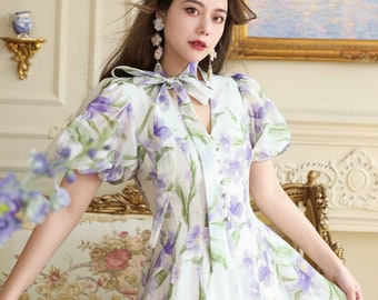 Mr. Water New York Tencel Women's Dress for Summer Event/Vacation. Purple Warbler Flower. V Neck.