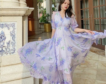 Lavender Chiffon Maxi Dress: Romantic Floral V-neck