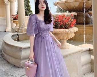 Mr. Water New York Retro Purple Mesh Long Dress, Lace Dress, Hand Sewn Flower Dress.