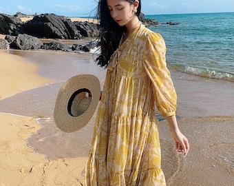 Mr. Water Summer Beach Dress, Ankle Maxi Dress. Yellow Flower Printed Dress