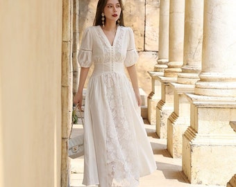 Mr. Water New York Pure White, Linen and Cotton blended fabric Summer Dress. French Style V Neck, Mid length Sleeve. Ankle Dress.