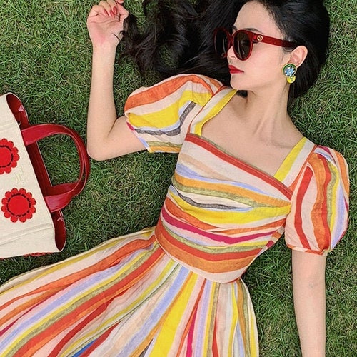 Mr. Water Rainbow Summer Midi Dress. Lantern Sleeve Sweet Dress. Women's Midi Dress