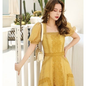 Mr. Water New York Ultimate Romantic Lace Dress, Bright Yellow/Turmeric Color. Women's Retro Square Neck Summer Dress.