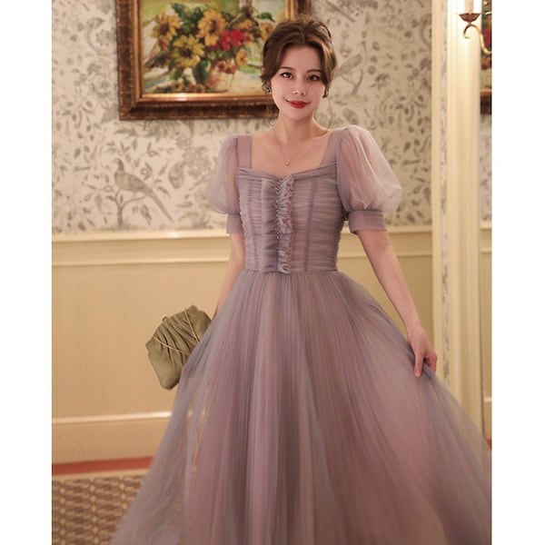 Mr. Water New York Romantic Soft Mesh Princess Event Dress. Purple Mesh, Hand Sewing Beadings, Women's Midi Length Dress