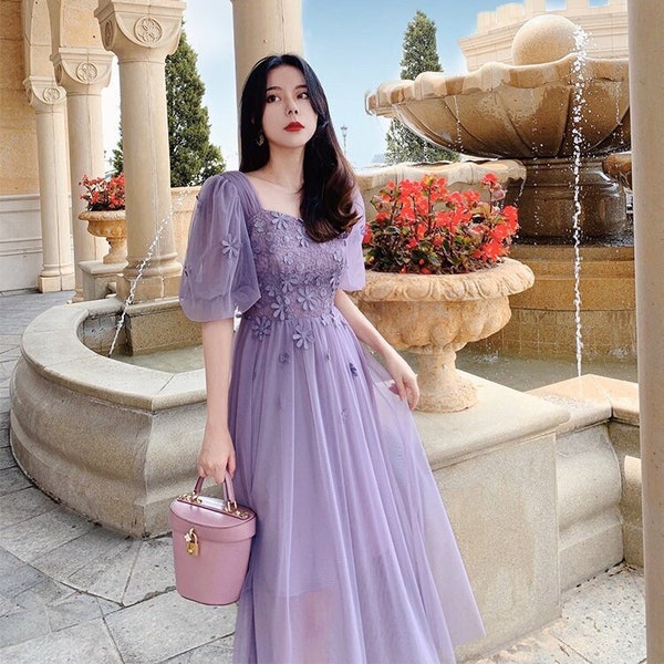 Mr. Water New York Retro Purple Mesh Long Dress, Lace Dress, Hand Sewn Flower Dress.