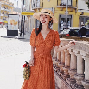 Mr. Water Retro French Palace Style V Neck Dress Summer Long Dress With Embroidered Dots